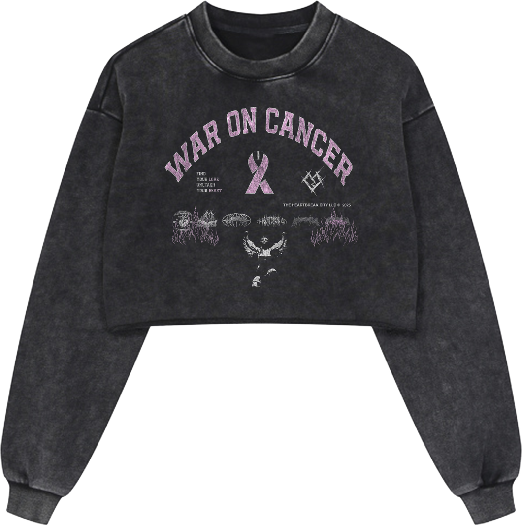 THE HEARTBREAK CITY ‘War On Cancer’ Black Snow Washed Raw Edge Cropped Sweatshirt