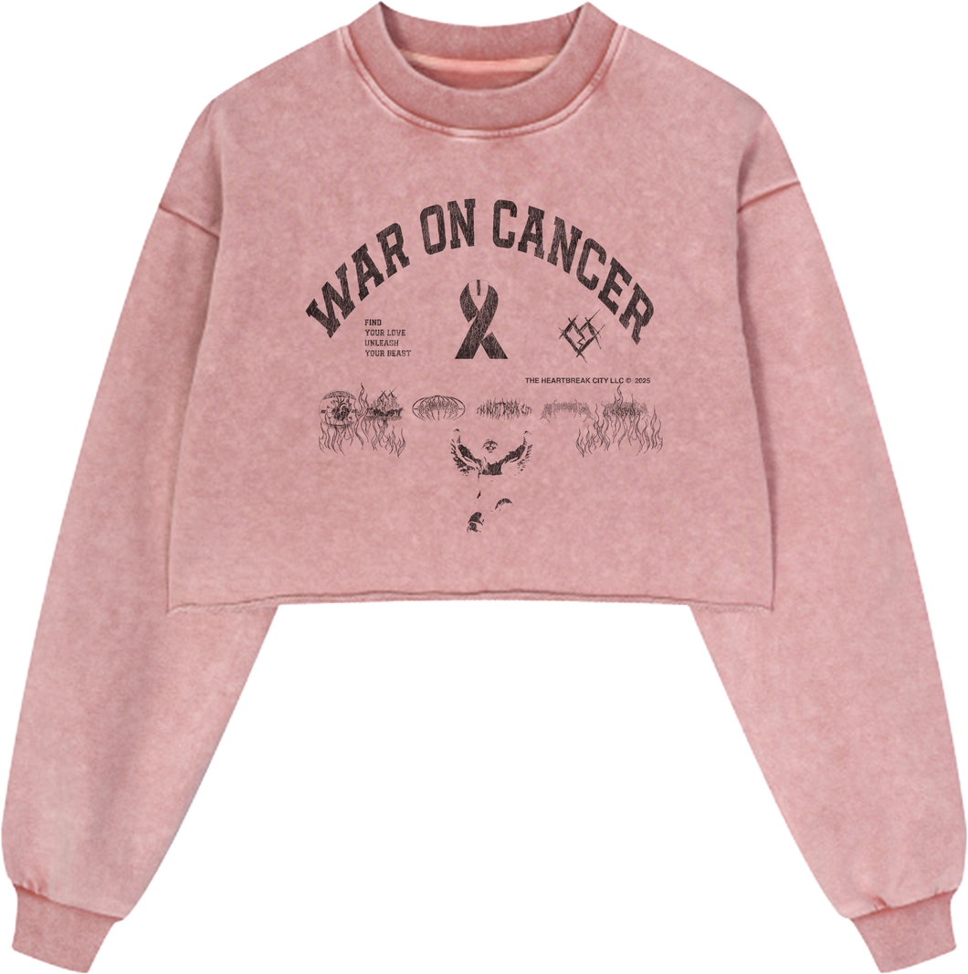 THE HEARTBREAK CITY ‘War On Cancer’ Pink Snow Washed Raw Edge Cropped Sweatshirt